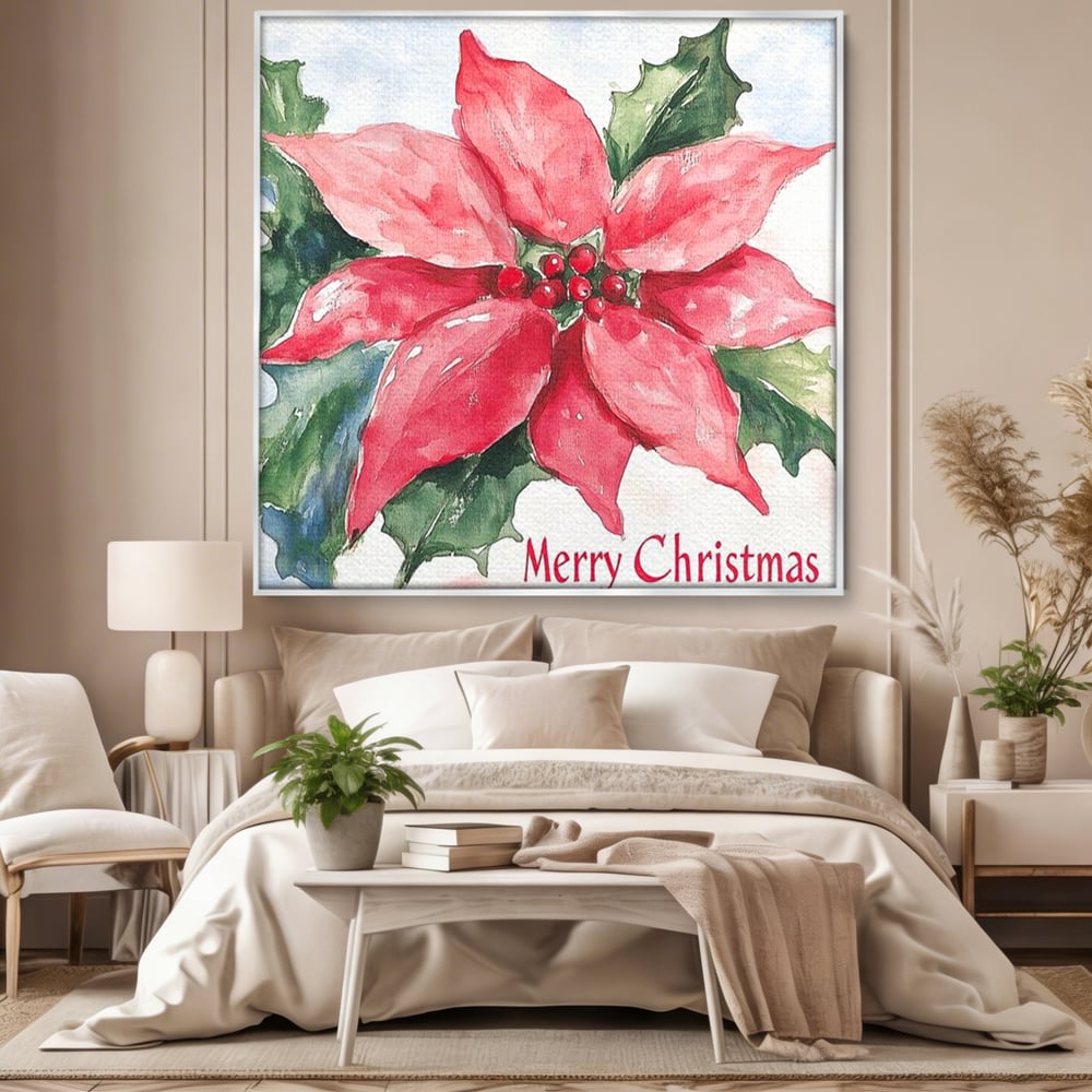 Tablou canvas cu pictura cu floare de craciunita, in rama de aluminiu argintiu, pe perete intr-un dormitor